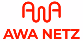Rotes AWA NETZ Logo mit stilisiertem A und W oben.