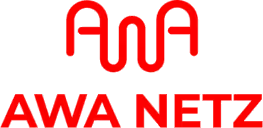Rotes AWA NETZ Logo mit stilisiertem A und W oben.