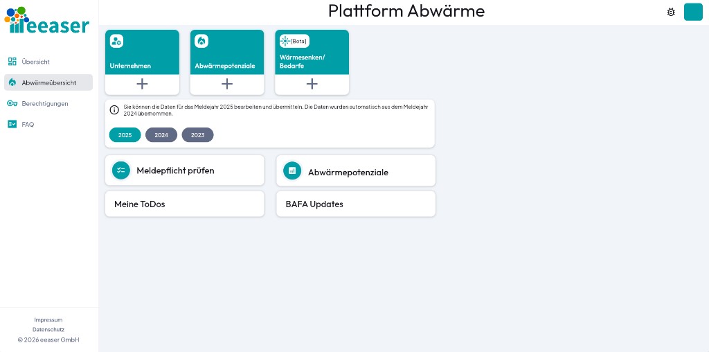 Dashboard der Plattform Abwärme mit Übersicht über Unternehmen, Abwärmepotenziale und Meldepflicht.